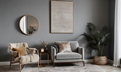 Cozy Living Room with Gray Walls, Generative AI