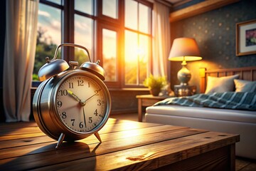 Naklejka premium Realistic 3D Render of an Alarm Clock on a Wooden Nightstand with Soft Morning Light Streaming Through the Window, Capturing a Cozy Bedroom Atmosphere