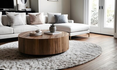 Modern Living Room with White Sectional Sofa and Round Wooden Coffee Table, Generative Ai