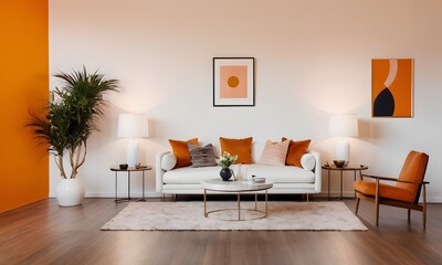 Modern Living Room with Orange Accents and Minimalist Design, Generative Ai