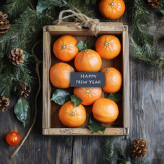 dark background with tangerines in a wooden box. New Year. photo. postcard