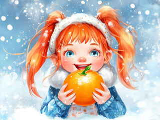 Cheerful red-haired girl eating an orange. illustration.