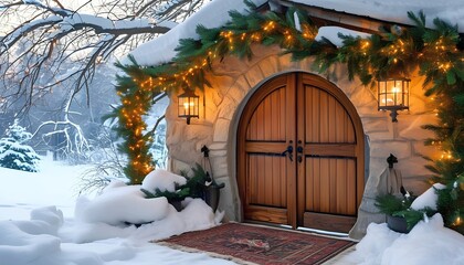 Snow-covered festive wooden door with glowing lights, garlands, and a wreath creating a cozy holiday atmosphere

