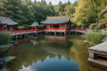 Fototapeta premium A traditional Chinese pavilion reflected in a serene pond, surrounded by lush greenery and ancient architecture