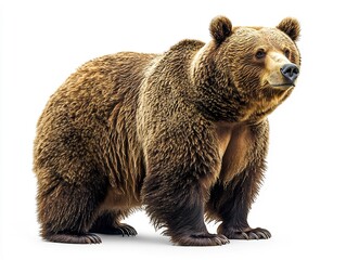 Fototapeta premium Large Plump Brown Bear Scratching Its Back Against Invisible Tree on White Background