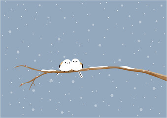 雪が降っている枝にとまっている2羽のシマエナガのイラスト