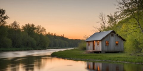 Fototapeta premium Wooden cabin inspiring wanderlust by the river at sunset.