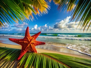Fototapeta na wymiar Red Starfish on a Palm Under the Sun at Diani Beach, Mombasa, Kenya – A Tropical Oasis of Colorful Marine Life and Beautiful Sandy Shores in the Indian Ocean Coastline