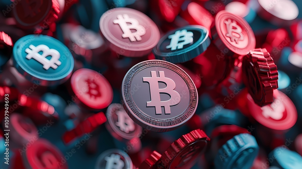 Poster a digital image depicts many bitcoin cryptocurrencies in red and blue hues, falling or floating in a