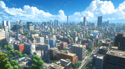 Fototapeta premium A vibrant cityscape featuring bustling streets and modern skyscrapers under blue skies.