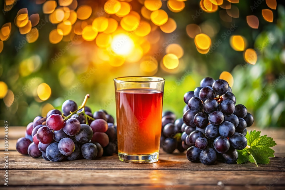 Poster refreshing glass of juice surrounded by lush black grapes with a beautiful bokeh background for a vi