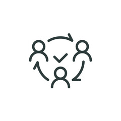 Mutual collaboration, exchange of experience, mutual assistance outline icon. Line sign three human symbols connected by arrows. Vector isolated pictogram for web on white background editable stroke.