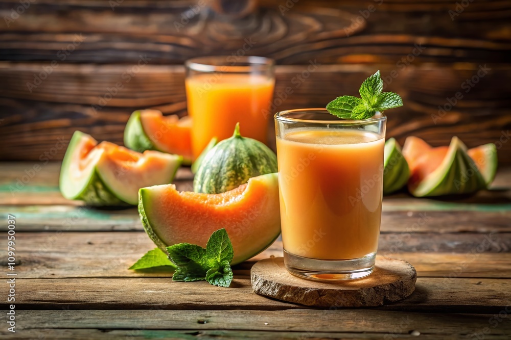 Poster refreshing melon juice in a glass with fresh slices on a rustic table, perfectly captured using the 