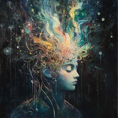 Serene face, cosmic hair, vibrant colors.