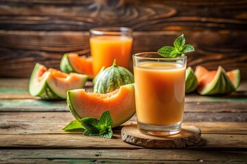Fototapeta premium Refreshing Melon Juice in a Glass with Fresh Slices on a Rustic Table, Perfectly Captured Using the Rule of Thirds for a Stunning Visual Appeal