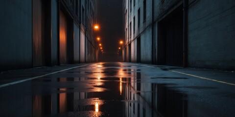 Abandoned Industrial Alley with Reflective Wet Surface and Orange Street Lamps at Night in an Urban Setting Evoking a Sense of Mystery and Desolation.