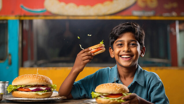 Happy Indian Boy Eating a Burger