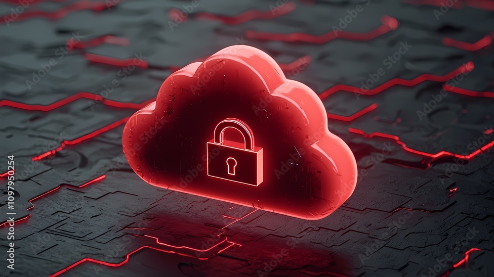 Aufkleber a red glowing cloud icon with a padlock inside sits on a dark, textured surface with red illuminated