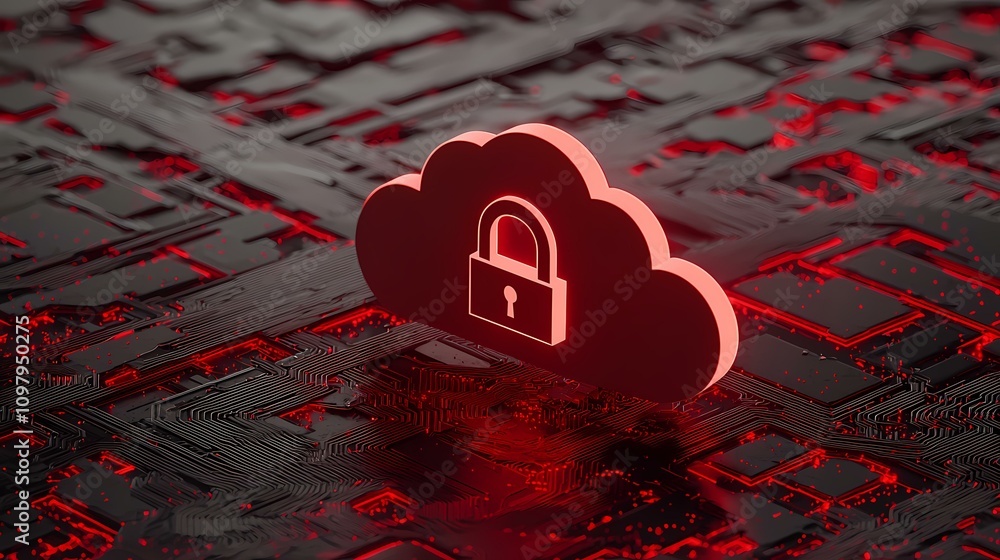 Poster a red cloud icon with a padlock symbol sits on a dark, glowing circuit board, illustrating the conce