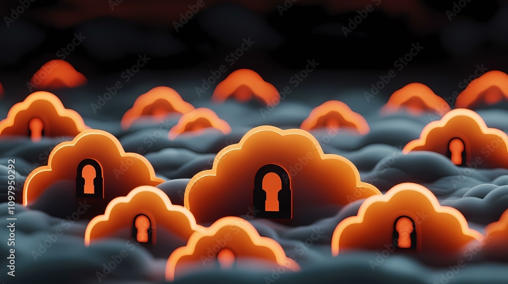 Poster the image contains numerous orange, cloud-shaped objects, each with a dark keyhole symbol in its cen