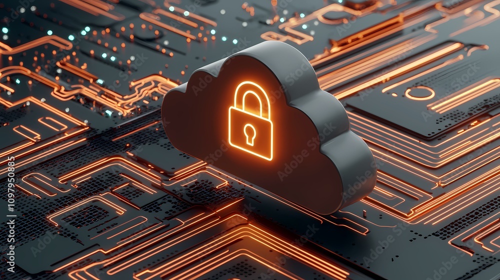 Poster the image shows a 3d rendering of a cloud icon with a glowing orange padlock symbol inside, situated
