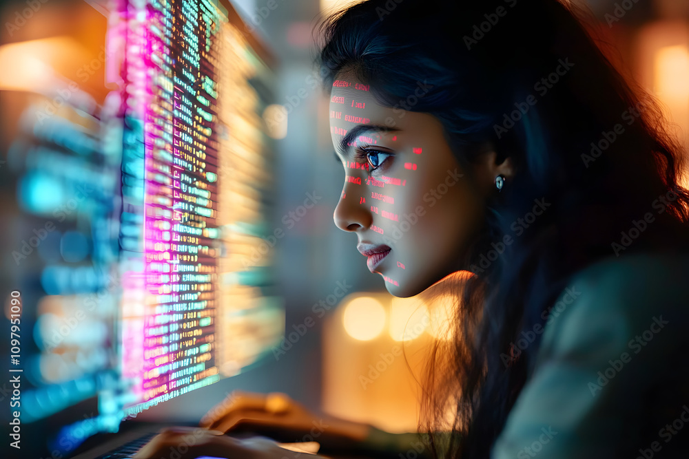 Poster indian woman working as a software developer. female developer with a laptop, lines of code on a com