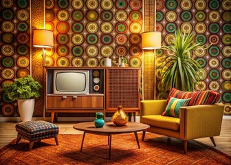 Retro Room Décor Featuring Classic 70s and 80s TV Aesthetic with African-Style Furniture, Blank Screen for Modern Text or Image Integration, Blending Nostalgia with Technology