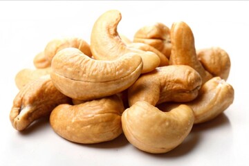 Fototapeta premium A close-up of cashew nuts on a white background, showcasing their high protein content and health advantages