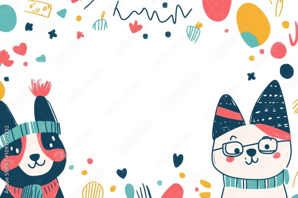 Aufkleber Two charming doodle dogs wear playful hats while surrounded by vibrant shapes and cheerful patterns, creating a delightful atmosphere. Generative AI