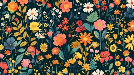 A seamless pattern with colorful flowers and leaves on a dark blue background.
