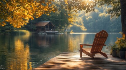 Fototapeta premium Adirondack chair on boat dock at calm lake in soft sunlight