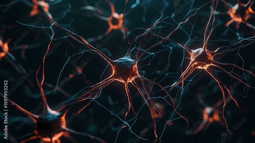Poster the image shows a microscopic view of neurons, nerve cells with their axons and dendrites, interconn