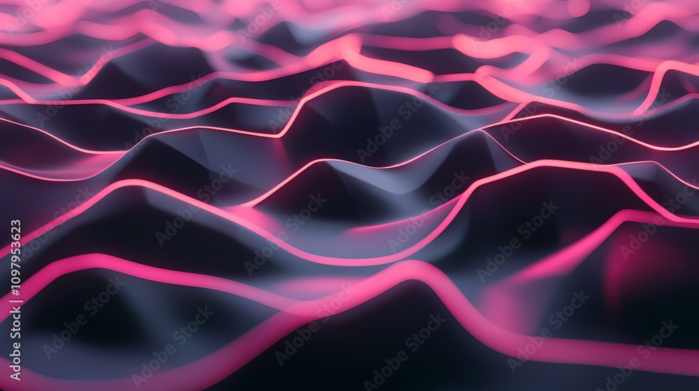 Poster the image contains a dark, abstract background featuring a wavy, three-dimensional landscape with gl