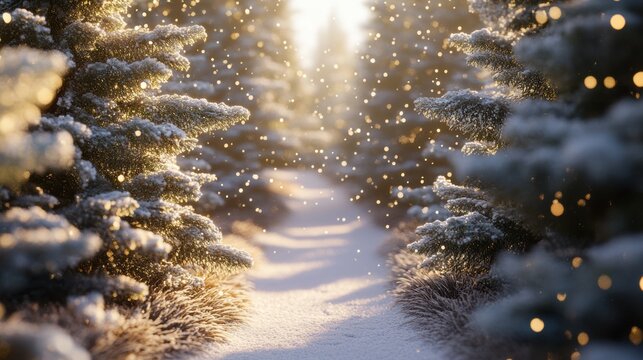 Snowy forest trail with frosted fir trees and blurred bokeh sparkles