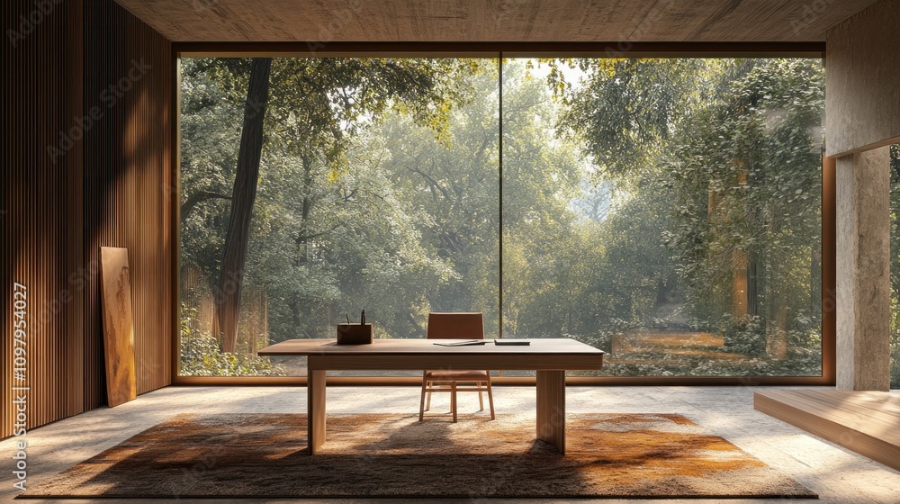 Poster tranquil modern workspace with forest view