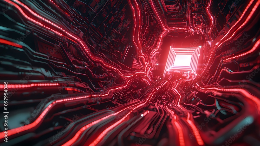 Poster the image shows a futuristic, abstract tunnel-like structure with glowing red lines and a bright, re