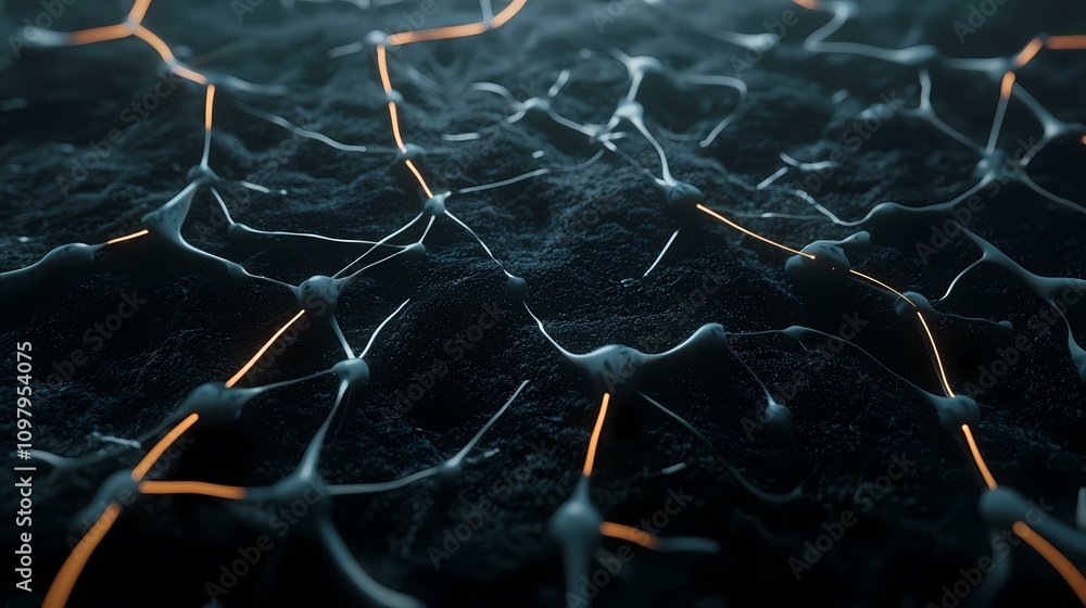 Poster the image shows a network of interconnected neurons, with glowing orange lines representing signals 