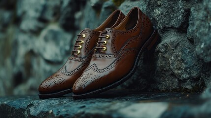 Brown leather brogue shoes on rock.