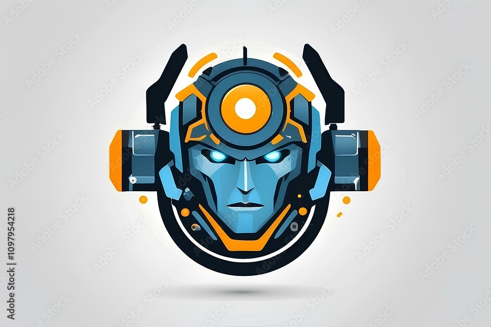 Poster high-tech robotic head design with futuristic glowing elements and circuits
