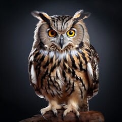 Obraz premium A majestic owl perched gracefully against a plain white backdrop. 