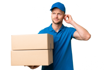 Delivery caucasian man over isolated background having doubts