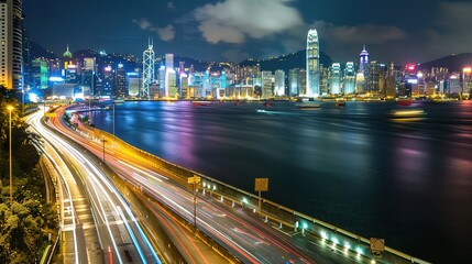 Obraz premium _Night_City_Landscape_and_Road_Attractions