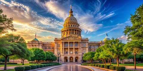 Fototapeta premium Scenic View of the Texas State Capitol Building and Capitol Extension Rotunda in Austin, Showcasing Architectural Grandeur and Historical Significance Against a Clear Blue Sky