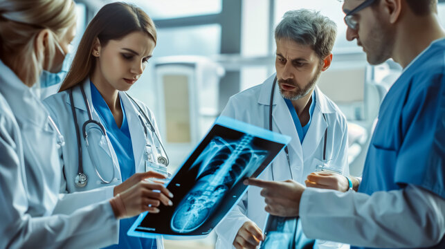 Professional medical team with doctors and surgeons examining a patient's x-ray image; discussing and pointing. - Powered by Adobe