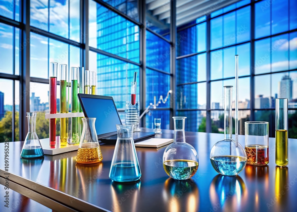 Poster scientific data visualization with graphs and flasks for innovative research in technology and stati