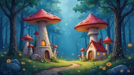 A Fairy Village Nestled Amongst Giant Mushrooms