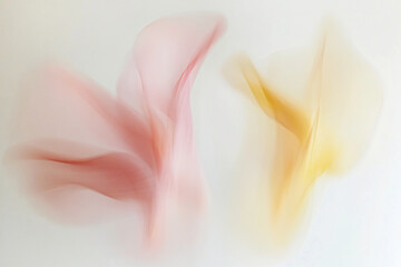 Fototapeta premium Airy motion blurred flower petals or colored fabric pink and peach on a white background. Noisy grainy trendy backdrop template for backdrops and wallpapers with copy space with copyspace