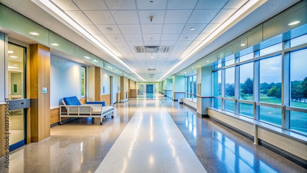 Poster serene and spacious empty hospital hallway with soft lighting and modern architecture reflecting a s