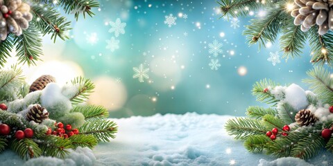 Abstract New Year background with fir branches, cones, snow on a blue background