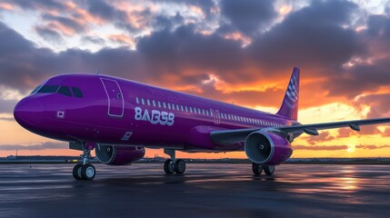 Obraz premium Purple airplane sunset tarmac.